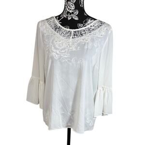 Elle White Floral 3/4 Peplum Sleeve Lace Beaded Blouse Size S